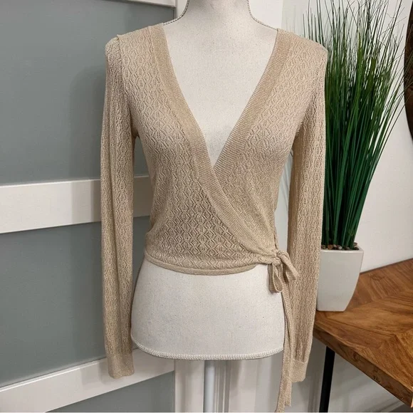 L'Academie Laurel Wrap Beige Sparkle Knit Wrap Top SZ XS Feminine Coquette READ - Picture 1 of 10